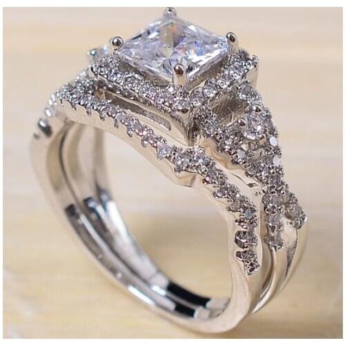 2Pcs Silver Rings For Women Cubiz Zircon Couple Ring Set Female Fashion Jewelry Wedding Engagement Ring Accessory Luxury Gift