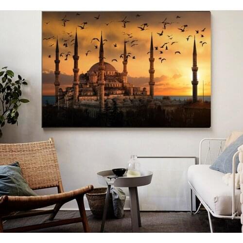 Islamic Art Realistic Landscape Muslim Mosque Sunset View Canvas Paintings Wall Art Posters Wall Art Pictures Cuadros Home Decor