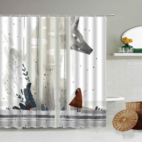 Hand Painted Abstract Animal Character Shower Curtain Cartoon Water Colors Illustration Girl Child Bathroom Waterproof Screen