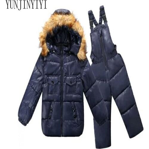 Russian winter warm down cotton jacket snowsuit wear climbing childrens overalls childrens suit fur collar
