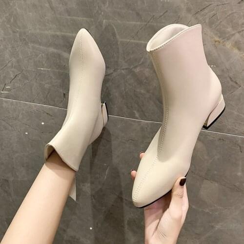 COOTELILI Patent leather Boots Women Warm Non-slip Pointed Toe 3.5cm Heel Zip Fashion Boots For Women Black Beige Plus Size 40