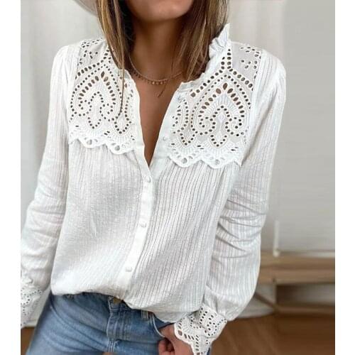 Solid Lace Patchwork Cardigan White Shirts Women Hollow Ruffled Collar Long-sleeved Shirt Female 2021 Summer Office Lady Tops