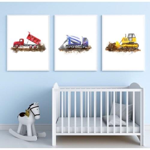 Construction vehicle childrens room wall art deco painting picture dump truck excavator posters canvas painting