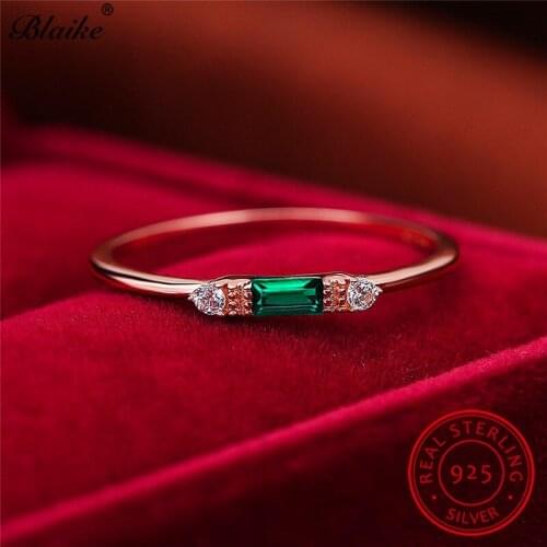 Stacking s925 Sterling Silver Small Rectangle Rings For Women Rose Gold Green White Blue Zircon Stone Thin Ring Wedding Bands