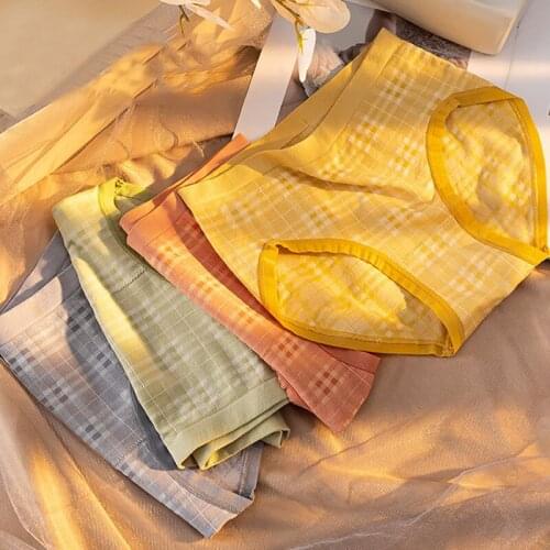 Wasteheart Women Fashion Pink Yellow Cotton Nylon Mid Waist Panties Underwear Seamless Plaid Lingerie Underpants Briefs F
