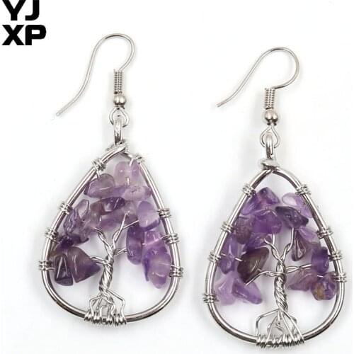 YJXP 1 Pair Waterdrop Shaped Dangle Earrings Silver Plated Wire Wrapped Tree of Life Amethysts Gravel Earrings for Women Jewelry