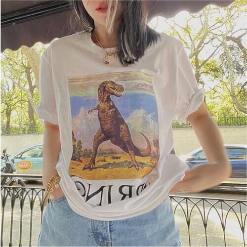 Vintage Dinosaur Print Kpop T shirts For Women White Short Sleeve Loose Cotton Summer Top Round Neck Casual Aesthetic Tees Brand