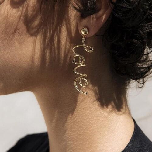 New Arrival Gold Silver Color Love Letter Dangle Earrings For Women Bohemian Rhinstone Metallic Statement Earring Jewelry