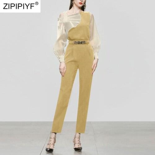 2021 Summer Runway Fashion One Of Shoulder Bow Design Long Sleeve Color Block Blouse High Waist Belt Desig Pant Women Suits Z436