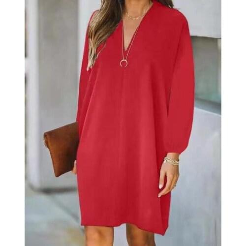 Women Elegant V Neck Party Dress Sexy Women Long Sleeve Loose Dresses Casual Solid Office Ladies Mini Dress Plus Size 2XL