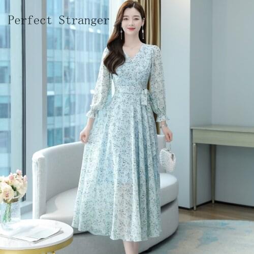 2021 Autumn New Arrival High Quality Elegant V Collar Flower Printed Long Sleeve Collect Waist Women Long Chiffon Dress