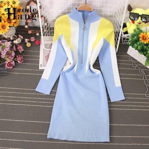 HangCode Women Fashion Patchwork Knit Dress Autumn Winter Stand Zipper Collar Sweater Dress Female Casual Pullover Dress Vestido