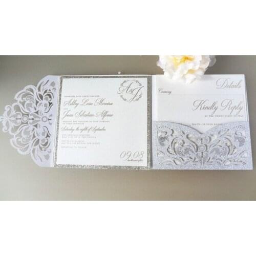 100pcs Silver Glitter Paper Laser Cutting Pocket Wedding Invitation Pearl Cards with Envelope Carte De Mariage Invitation Lot