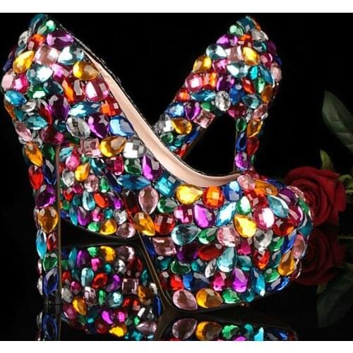 2020 Nicest Crystal Glitter Multicolor Wedding Shoes High Heel Evening Shoes Ladies Platform dance Dress Shoes for Woman