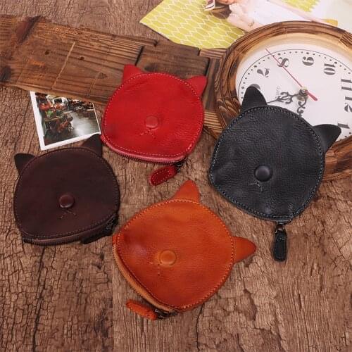 2019 New high quality cartoon cute cat shape unisex small wallet retro coin purses genuine leather casual coin storage bag