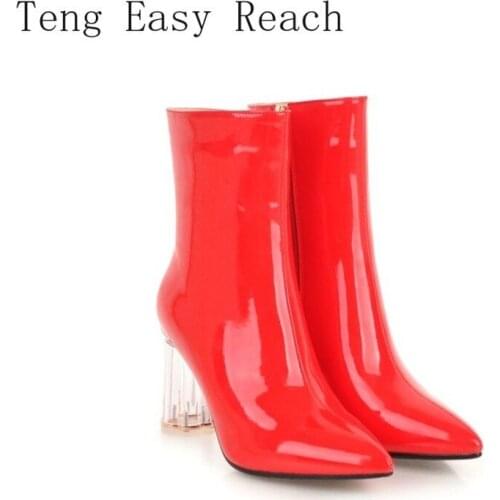 2021 Winter Patent PU Leather Silver Red Clear Transparent Round High Heels Woman Boots Pointed Toe Martin Ankle Boots Women 43