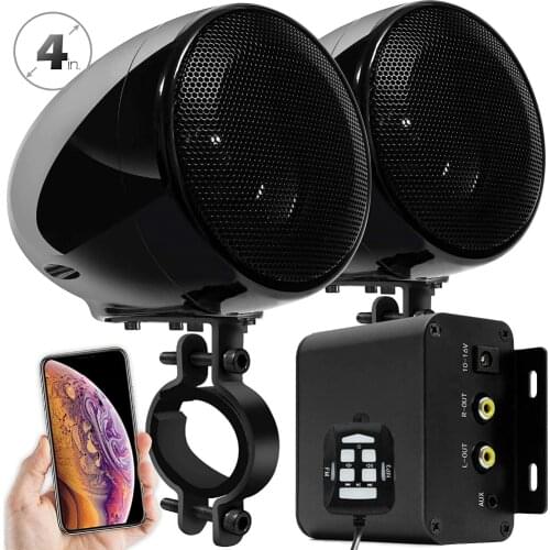 Aileap M150 Motorcycle Audio Set with Stereo 2ch Amplifier, 4 Inches Waterproof Speakers, Bluetooth, FM Radio, AUX MP3 (Black)