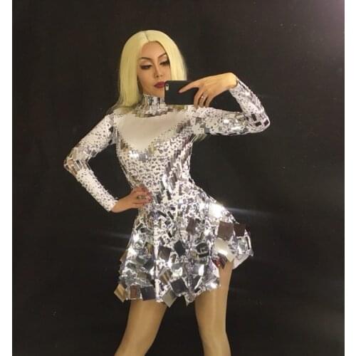 Sparkly Silver Sequins Bodysuit Dress Dropshipping Singer mirror dress stage dance wears Rhinestone party Costume