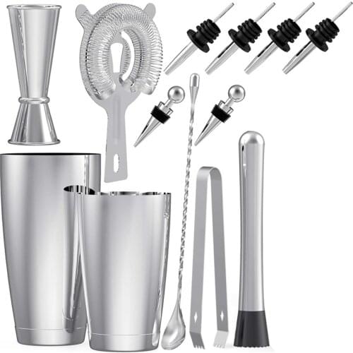 Stainless Steel Boston Cocktail Shaker Bar Set Tools with 28Oz/20Oz Shaker Tins, Measuring Jigger, Mixing Spoon, Liquor Pourers