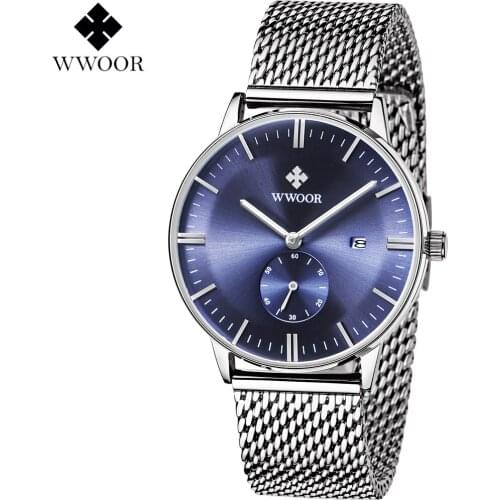 Mens Watches Brand WWOOR Quartz Watch Men Silver Steel Mesh Strap Casual Sports Wrist watch ultra Date Clock Male Waterproof