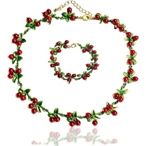 CSxjd vintage necklace Imitation pearls Cranberry Alloy green paint necklace and bracelet Elegant Women Jewelry