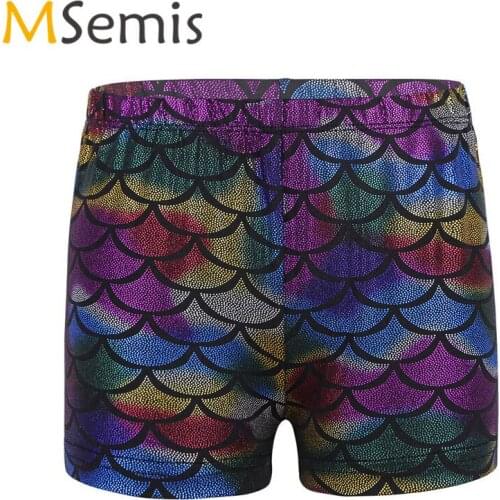 Kids Girls Gymnastic Swimsuit for Dancing Dance Shorts Shiny Mermaid Scales Printed Dance Shorts Bottoms Activewear for Sports