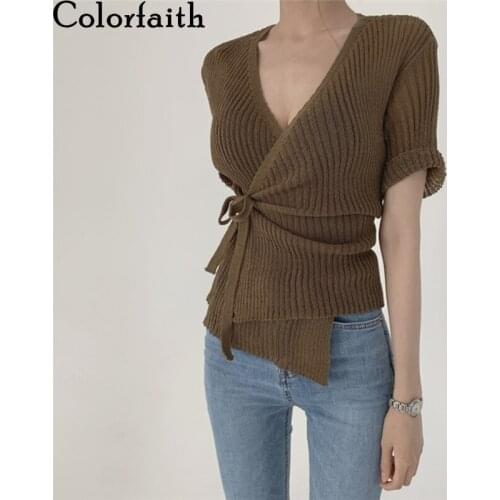 Colorfaith New 2021 Women Spring Summer T-Shirt Bottoming Basic V-Neck Sexy Lace Up Korean Style Elegant Lady Wild Tops T2394