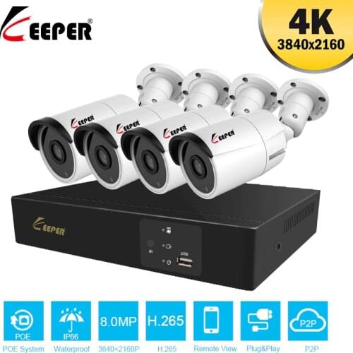 Keeper 4K Ultra HD 4CH DVR Kit H.265+ CCTV Camera Security System 8MP CCTV System IR Outdoor Night Vision Video Surveillance Kit