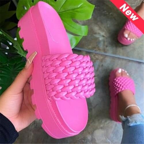 Summer Slippers Fashion New Women Sandals Solid Color Open Toe Woven Slipper Heel Thick Sandals Outdoor Beach Womens Sandalias