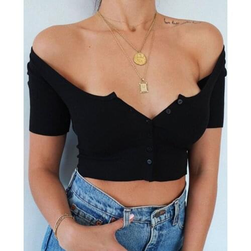 Summer Short Tee Shirt Lady Sexy O Neck Black Crop Tops Button Short-Sleeve Round Neck Ribbed Summer Solid Colour Party Tops