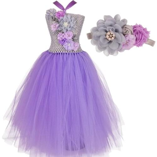 Girls Lavender/Grey Flower Tutu Dress Kids Birthday Party Flower Girl Long Dresses for Wedding Party Photo Props newbron-12Y