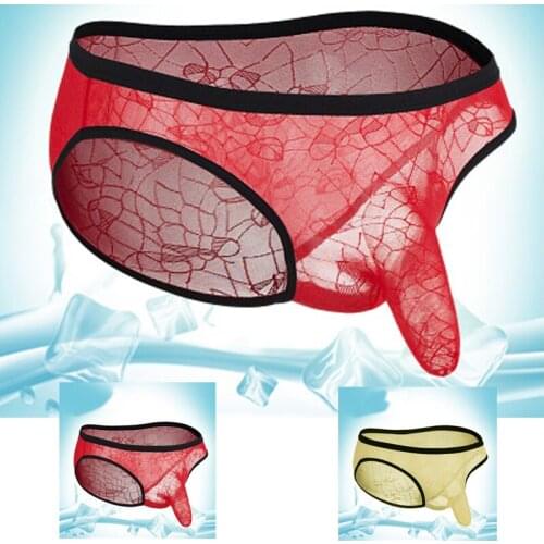 Mens transparent mesh lace guns elephant underwear breathable ice silk hollow thin section Mens briefs jockstrap gay underwear