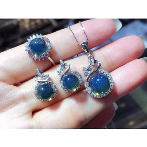 Natural Blue Amber S925 Silver Womens Jewelry Sets Ring Stud Earrings Pendant Zircons Elegant Trendy Fine Jewel Engagement Gift