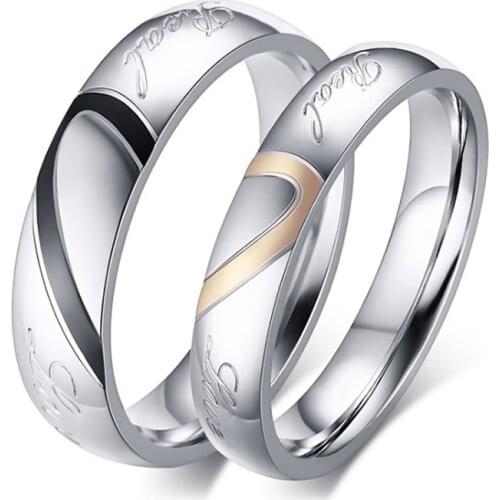 Wedding Ring Silver Color Stainless Steel Ring Half Heart Couple Engagement Ring Fashion Jewelry for Women and Men