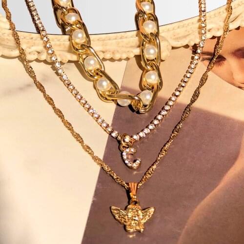 Vintage Angel Letters Crystal Tennis Chain Necklace For Women Multi-layered Imitation Pearl Metal Chain Choker Necklace Jewelry
