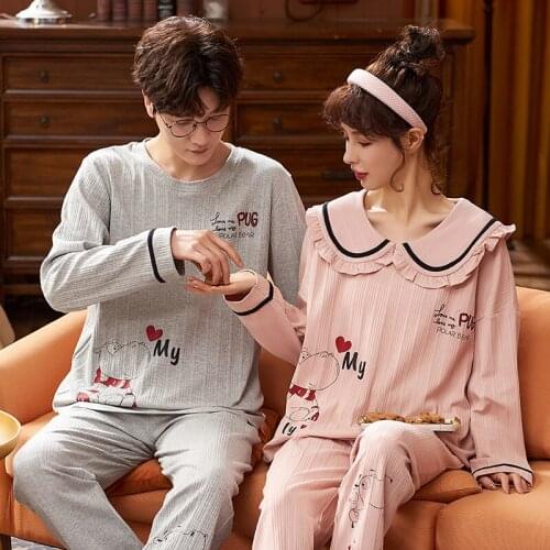 Couple Winter Pajamas Sets Cotton Warm Long Sleeve O-neck Homewear Plus Size Men Sleepwear Suit Cute Pink Women Cartoon Pajamas