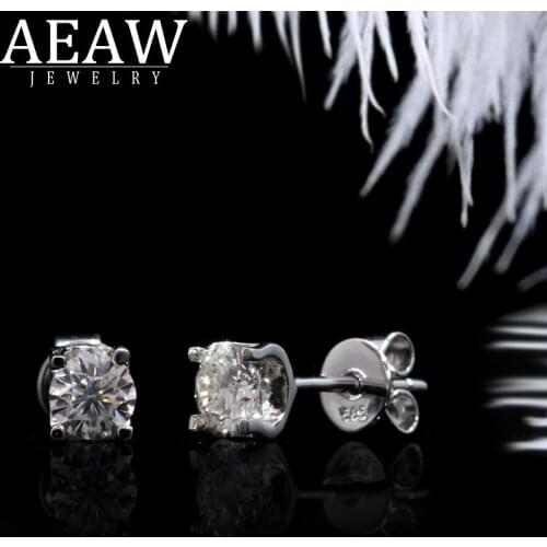 AEAW Solid 14k White Gold 5mm 0.5ct Total 1.0ctw Round Cut Bridal Dangle Moissanite Push Back Earring for Women