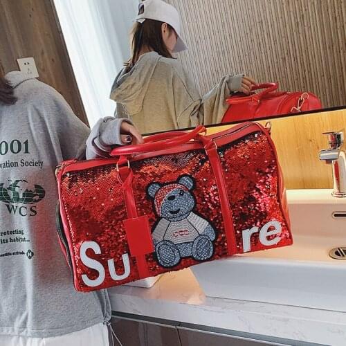 Stylish new womens handbag pu sequin cub discolored large-capacity yoga fitness bag travel bag