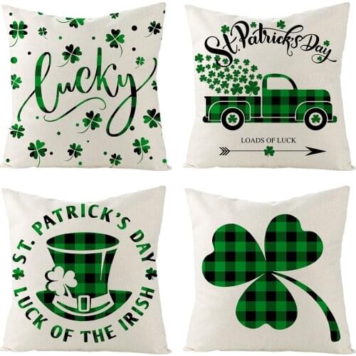 St. Patrick’s Day Pillow case Four-leaf Clover Plaid Sofa Cushion Cover Irish Day Home Decor EA23