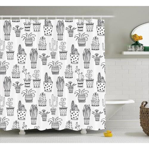 Cactus Shower Curtain Doodle Flowers in Pots with Polka Dots and Zig Zags Tropical Plants Monochrome Home Decor Bath Curtains