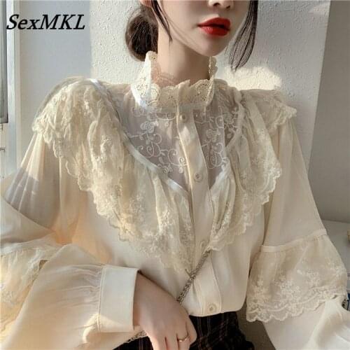 Autumn Korean Sweet Loose Lace Ruffles Women Blouses Fashion Turtleneck Ladies Tops Chiffon French Vintage Lace Shirts Women