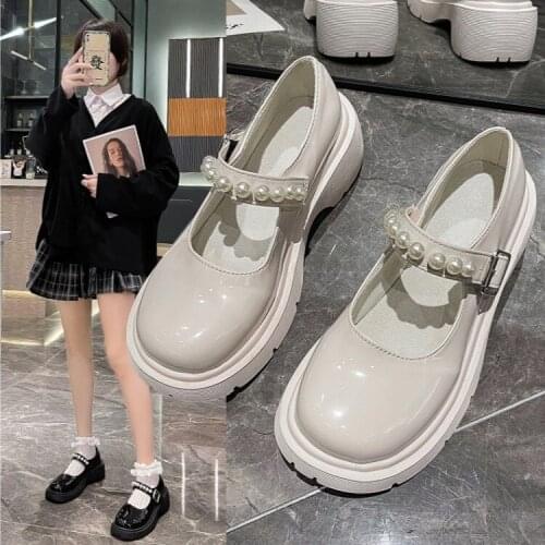 Womens Leather Shoes Women Autumn 2021 New Mary Jane Thick Soles Retro Pearl One Word Button Japanese Single Shoe Women