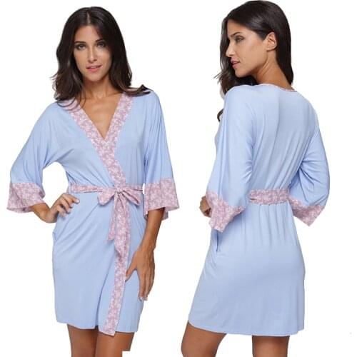 Witbuy Modal Night Wear Robe Women Casual Kimono Intimate Sleepwear Coat Patchwork Bandage Sexy Mini Robe Sexy Pajamas 2XL