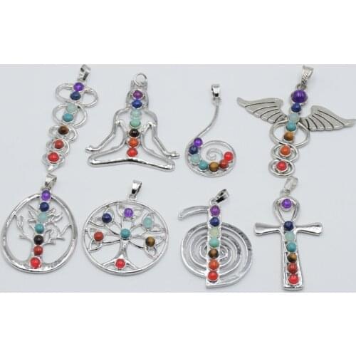 7 Chakra Stones Reiki Healing Point tree of life pendant charm jewelry Angel Round Ankh Yoga charm 3D stone necklace Pendants