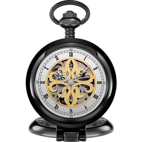Antique Flower Dial Mechanical Pocket Watch for Men Women Steampunk Skeleton Hollow Gear Fob Chain Black Pendant montre de poche