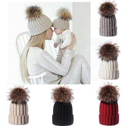 Children Winter Big Fur Pompom Hats Baby Knitted Warm Hat For Girls Boys Pom pom Beanie Cap