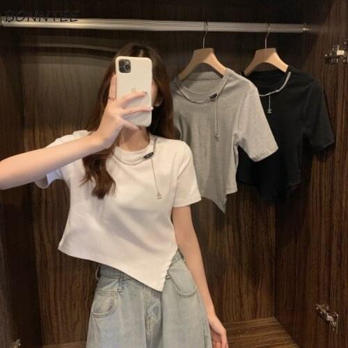 T-shirts Women Casual O-neck Chain Design M-3XL Loose Cozy Fashion Girls Hot Summer Vintage Solid Simple College Cropped Chic