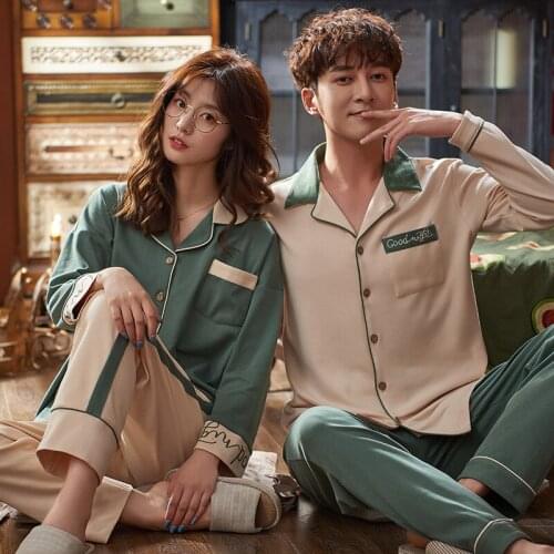SLPBELY Cotton Couple Pajamas Homesuit Set Spring Casual Lapel Two Piece Long Sleeves+Pants Pyjamas Lovers Homewear Loungewear