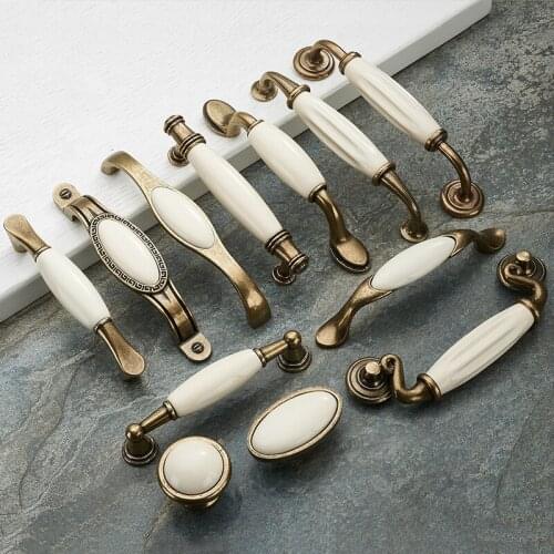 JD Antique Bronze Ceramic White Cabinet Handles Zinc Alloy Drawer knobs Wardrobe Door Handle Simple European Furniture Hardware