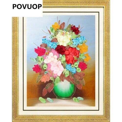 POVUOP Ribbon embroidery flower paintings showy DIY ribbon embroidery set cross stitch 3d print 50X40cm